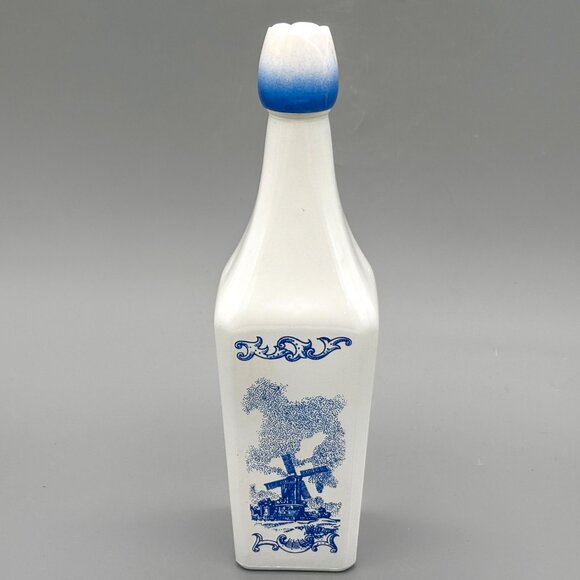 Vintage Vandermint Milk Glass Decanter Pair With Blue Windmill Design | Holland - Picture 2 of 8